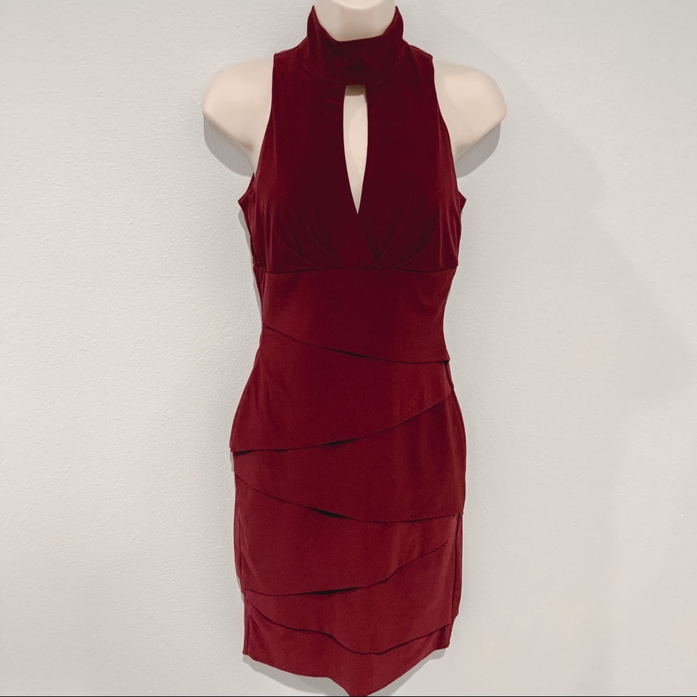 Instantly slimming keyhole burgundy dress